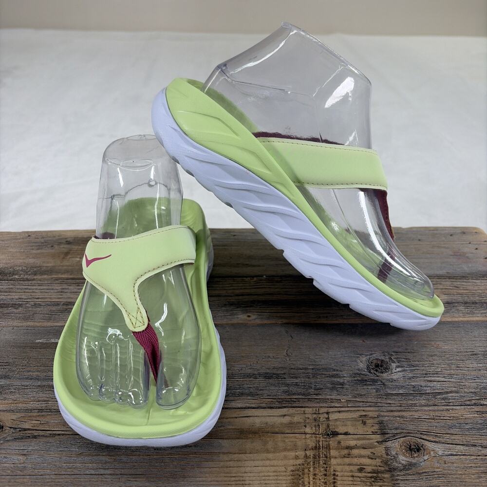Hoka One One Ora Recovery Women Sz 7 Lime Green Flip Flops Platform Bnfts Chrty